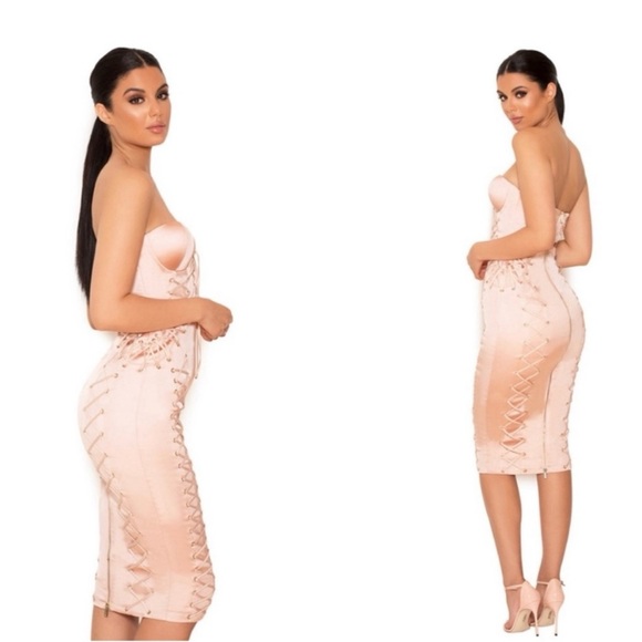 House Of CB ‘Artimedes' Nude Satin Strapless Bustier Dress - Picture 2 of 3